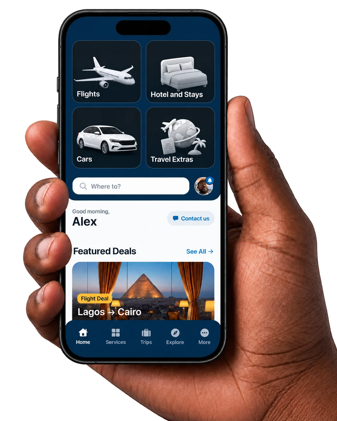 The Marilla Travels app open on a phone, showing flights, hotels, cars and travel deals